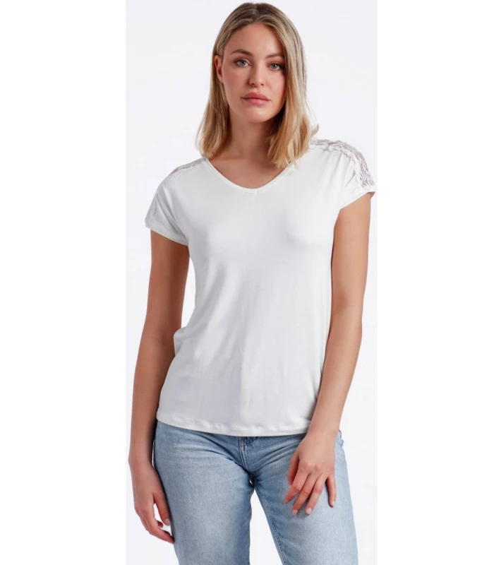 Camiseta Mujer Manga Corta Blanco Puntilla Hombro 43486 Admas