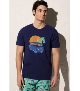 Camiseta Hombre Estampado Furgoneta Azul 90502 Ysabel Mora