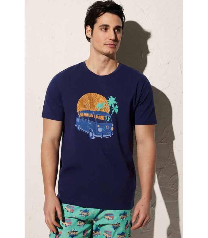 Camiseta Hombre Estampado Furgoneta Azul 90502 Ysabel Mora