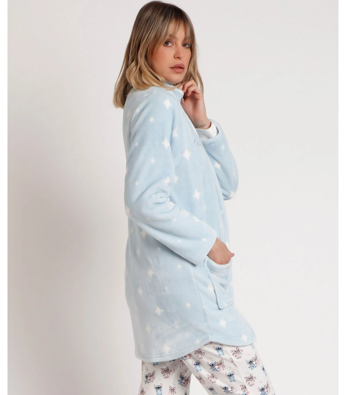 Bata Calentita Disney Ohana para Mujer - Manga Larga Azul con Cremallera