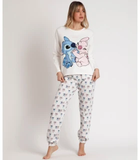 Pijama Disney Ohana para Mujer - Manga Larga Crudo con Pantalón Estampado