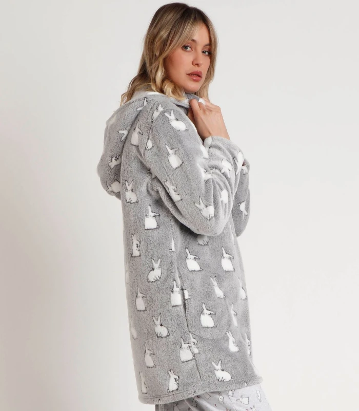 Bata Calentita ADMAS Bunnies On The Moon - Manga Larga Gris con Capucha y Cremallera