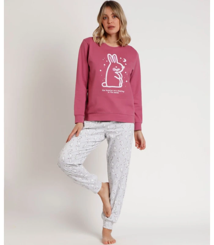 Pijama ADMAS Bunnies On The Moon para Mujer - Manga Larga Rosa con Pantalón Estampado