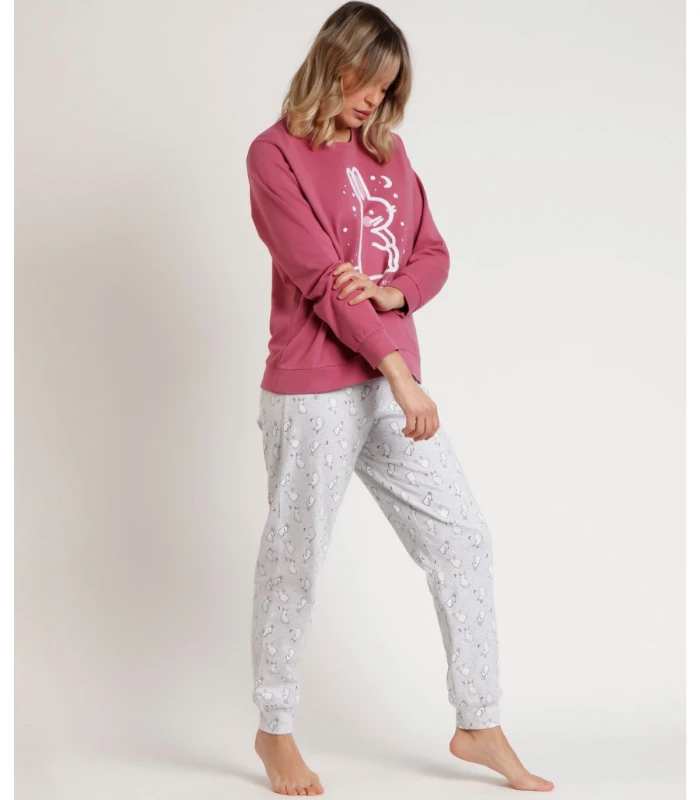 Pijama ADMAS Bunnies On The Moon para Mujer - Manga Larga Rosa con Pantalón Estampado Talla L