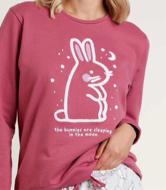 Pijama ADMAS Bunnies On The Moon para Mujer - Manga Larga Rosa con Pantalón Estampado Talla L