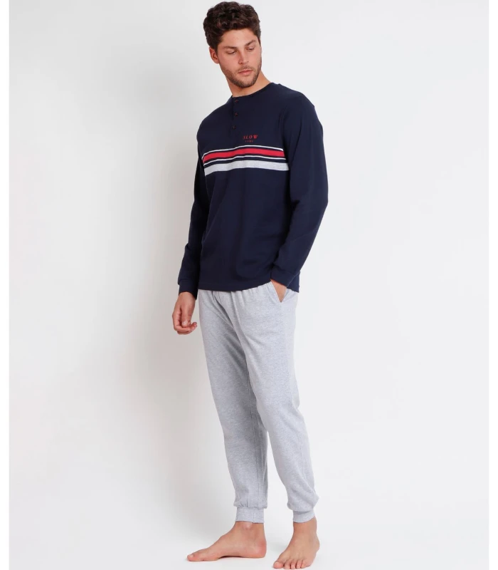 Pijama STAY AT HOME Slow Living para Hombre - Manga Larga Marino con Estampado de Rayas