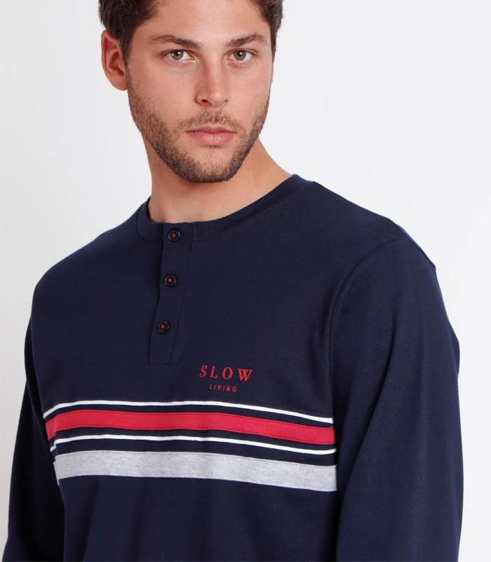 Pijama STAY AT HOME Slow Living para Hombre - Manga Larga Marino con Estampado de Rayas