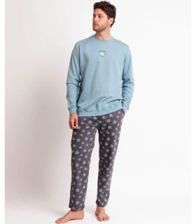 Pijama DIVER Manga Larga Coffee A para Hombre - Azul con Detalles Bordados