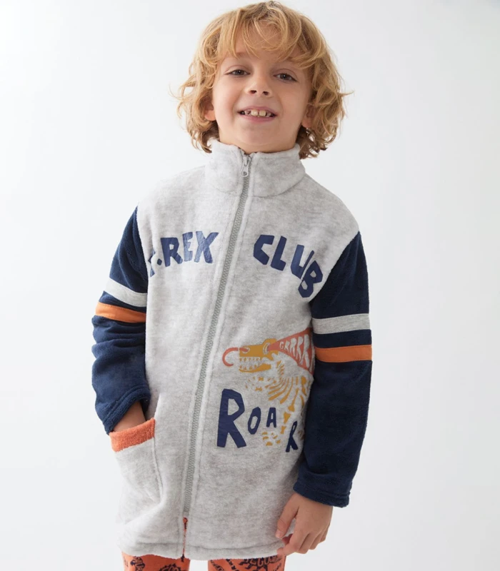 Bata de Coralina con Cremallera y Bolsillo para Niño - Talla 2 a 16 Años - Color Gris T-Rex