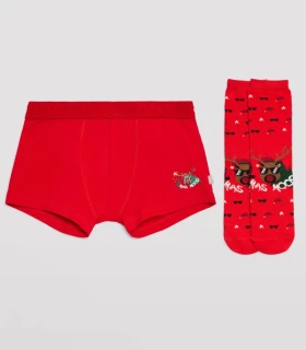 Pack Bóxer y Calcetines Navideños Rojos Para Niño Ysabel Mora