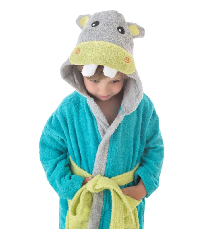 Albornoz Infantil Rizo Americano Capcucha Bordada Hippo