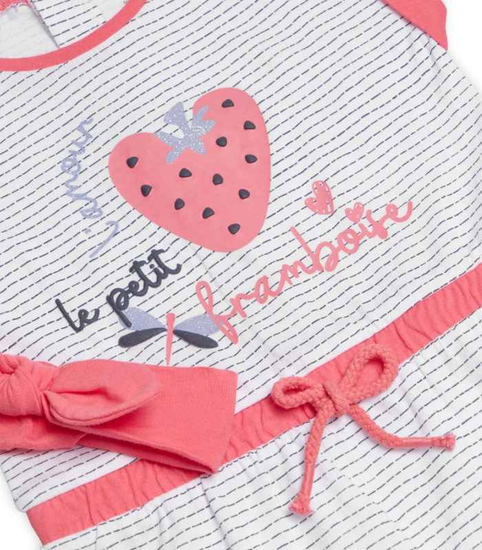 Vestido Bebé Manga Corta 25421 - Algodón 100% Natural + Diadema - Estampado Fresas y Rayas