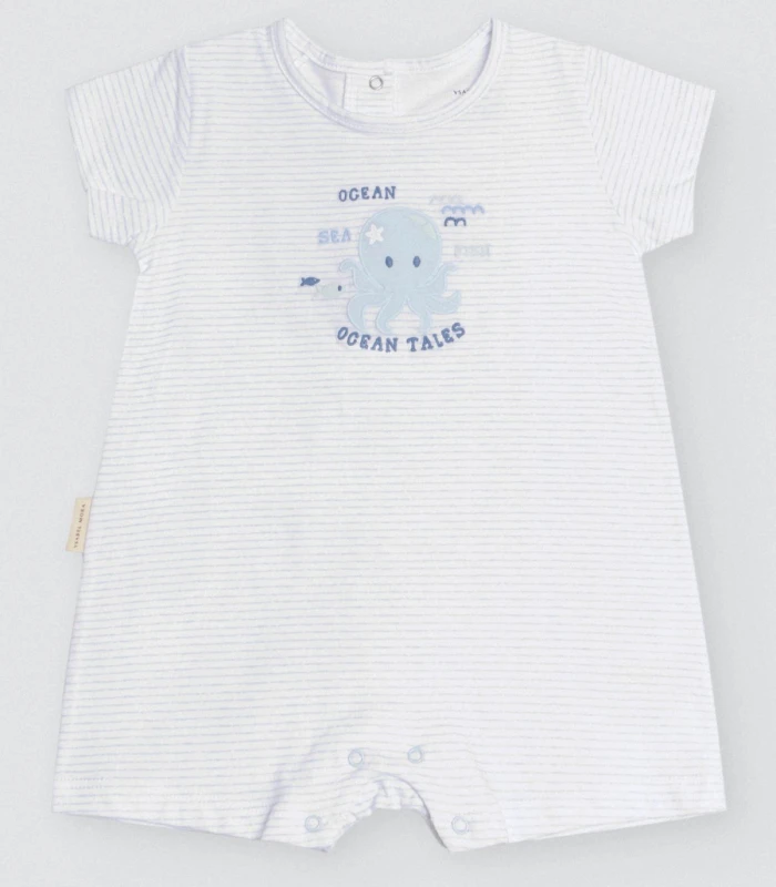 Pelele Bebé Manga Corta Ocean Tales 25566 - Algodón 100% Natural - Estampado Rayas Azules