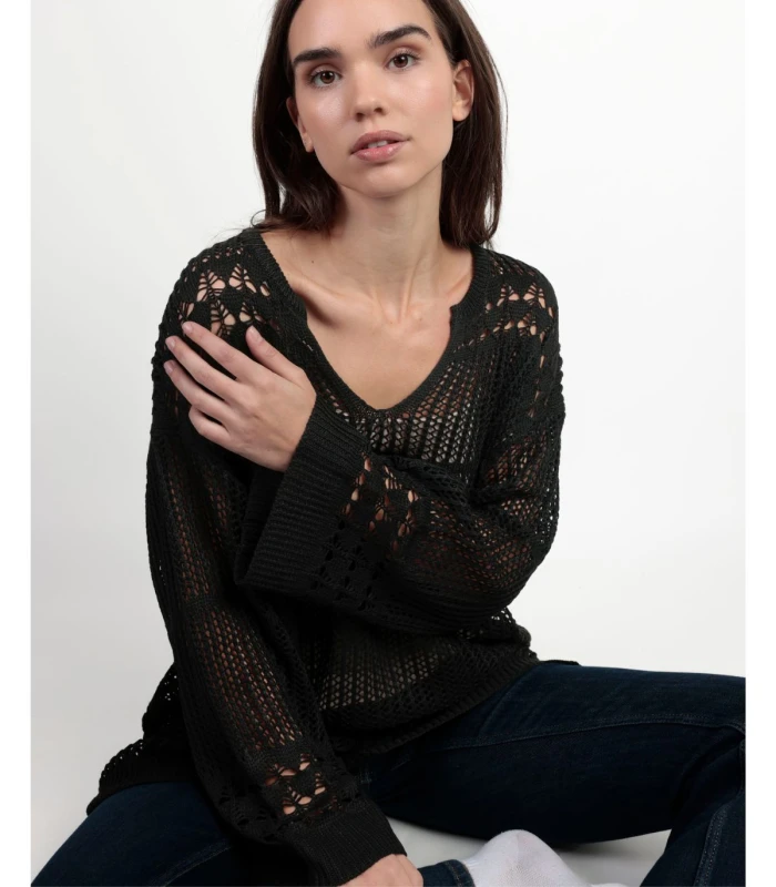 Suéter Crochet Mujer Manga Larga Punto Calado Admas Negro