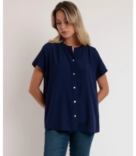 Camisa Fluida Manga Corta Mujer Cuello Mao Admas Marino