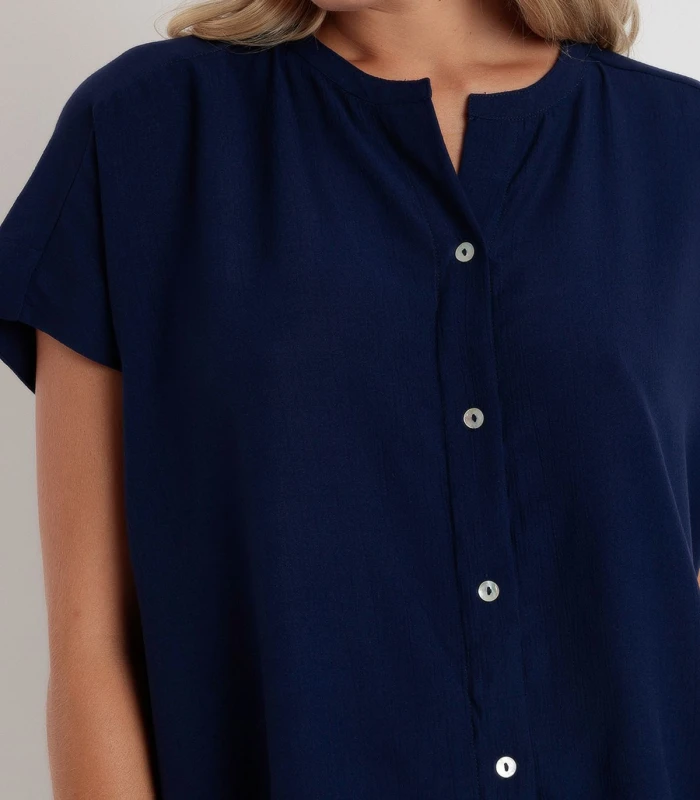 Camisa Fluida Manga Corta Mujer Cuello Mao Admas Marino
