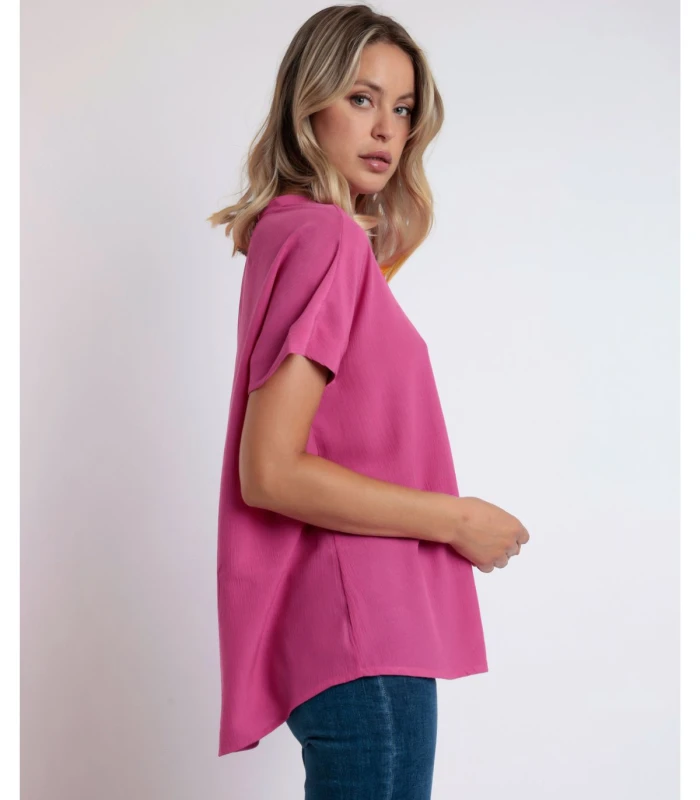 Camisa Fluida Manga Corta Mujer Cuello Mao Admas Fucsia