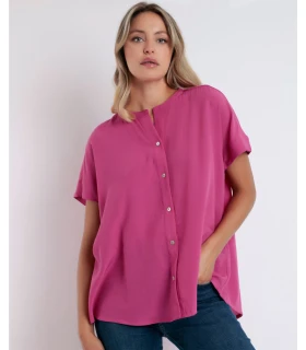 Camisa Fluida Manga Corta Mujer Cuello Mao Admas Fucsia