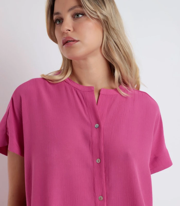 Camisa Fluida Manga Corta Mujer Cuello Mao Admas Fucsia