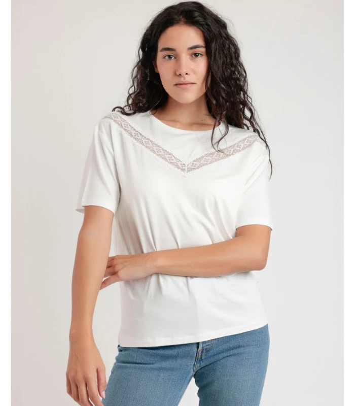 Camiseta Manga Corta Mujer Encaje Cuello Redondo Admas Crudo