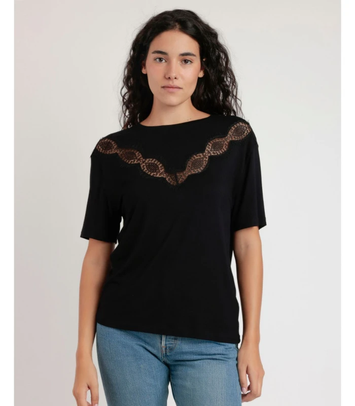Camiseta Manga Corta Mujer Encaje Cuello Redondo Admas Negro