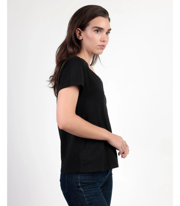 Camiseta Manga Corta Mujer Pico Puntilla Guipur Admas Negro