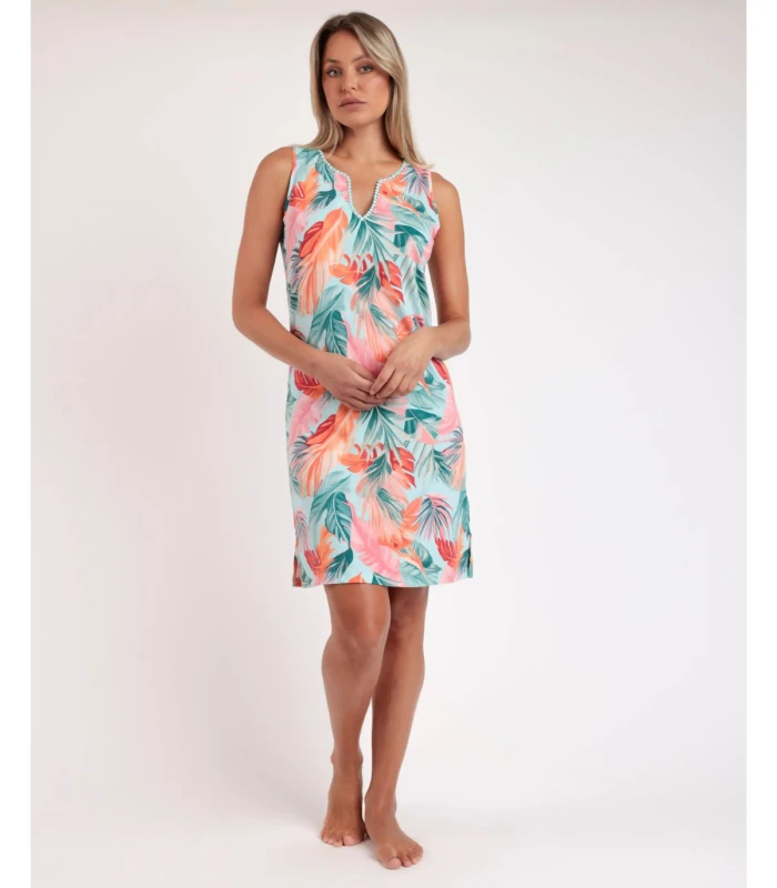 Camisola Sin Mangas Mujer Pico Estampado Hojas Admas Garden Azul