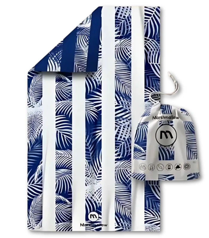 Toalla Microfibra XL Marshmallow Home Hojas Tropicales Rayas Azul Marino 90x180cm MF-234033