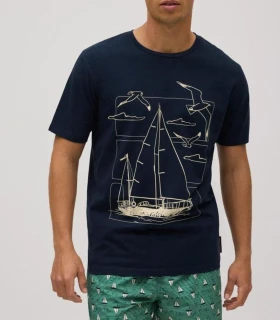Camiseta Hombre Azul Marino con Estampado Marinero – Manga Corta