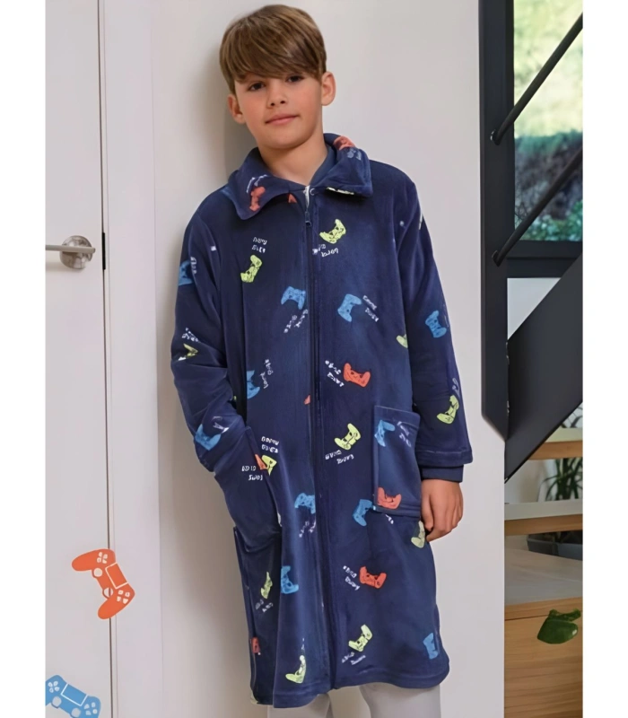 Bata Coralina Niño Estampado Gamer Azul Marino con Cremallera y Bolsillos