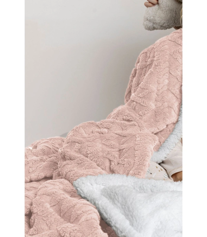 Manta Doble Cara ADMAS Corel Jacquard y Borreguito - Azul, Cava y Rose (150x200 cm)