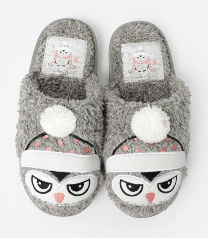 Zapatillas Casa Mujer Admas Winter Owl Grises Diseño Búho con Pelo Polar 69134