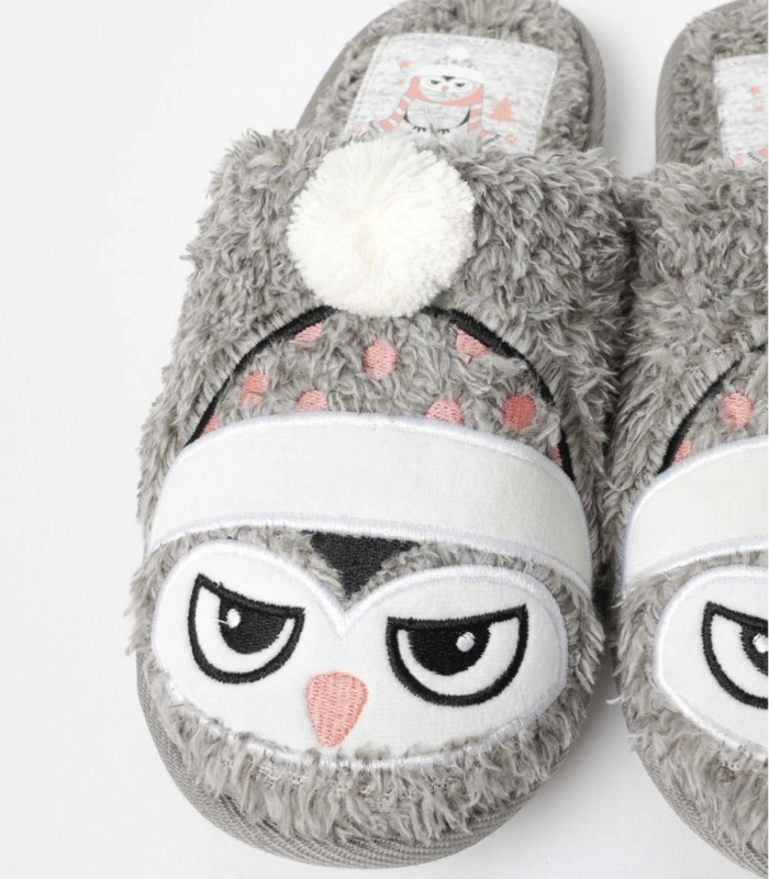 Zapatillas Casa Mujer Admas Winter Owl Grises Diseño Búho con Pelo Polar 69134