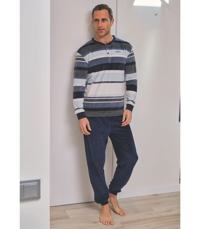 Pijama de Hombre Muslher Terciopelo/Spandex Listado | Azul Oscuro y Puños 255612