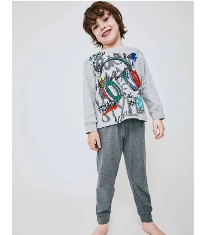 Pijama Manga Larga Niño "Friends" |Algodón Interlock Puños Gris 21227022