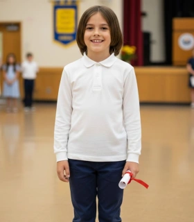 Polo Infantil de Piqué Manga Larga Blanco  Básico Escolar y Ceremonia 100% Algodón - Tallas 2 a 16