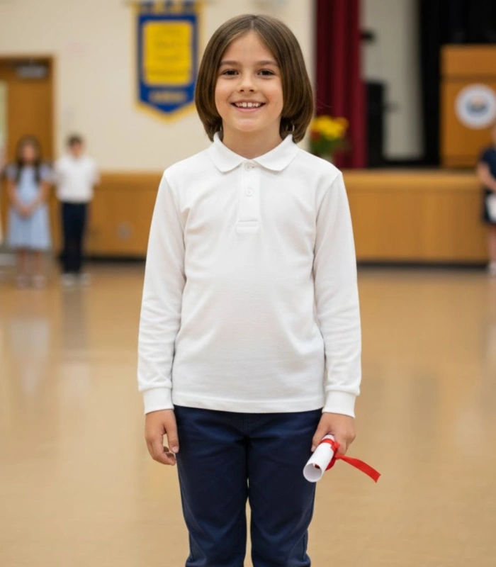 Polo Infantil de Piqué Manga Larga Blanco  Básico Escolar y Ceremonia 100% Algodón - Tallas 2 a 16
