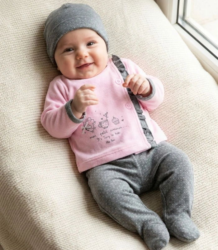 Conjunto 3 Piezas Bebé Niña Yatsi Baby "Cakes"  Jubón, Polaina y Gorrito en Algodón Tundosado 20220258