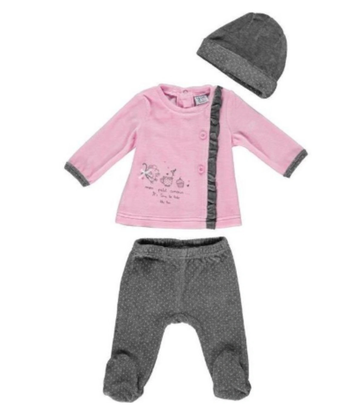 Conjunto 3 Piezas Bebé Niña Yatsi Baby "Cakes"  Jubón, Polaina y Gorrito en Algodón Tundosado 20220258