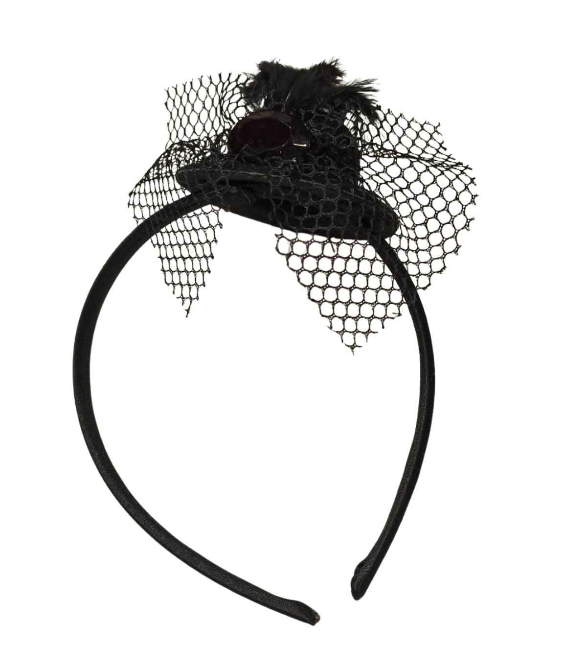 Diadema Tocado de Fiesta Negro | Mini Sombrero con Detalles de Plumas, Malla y Pedrería