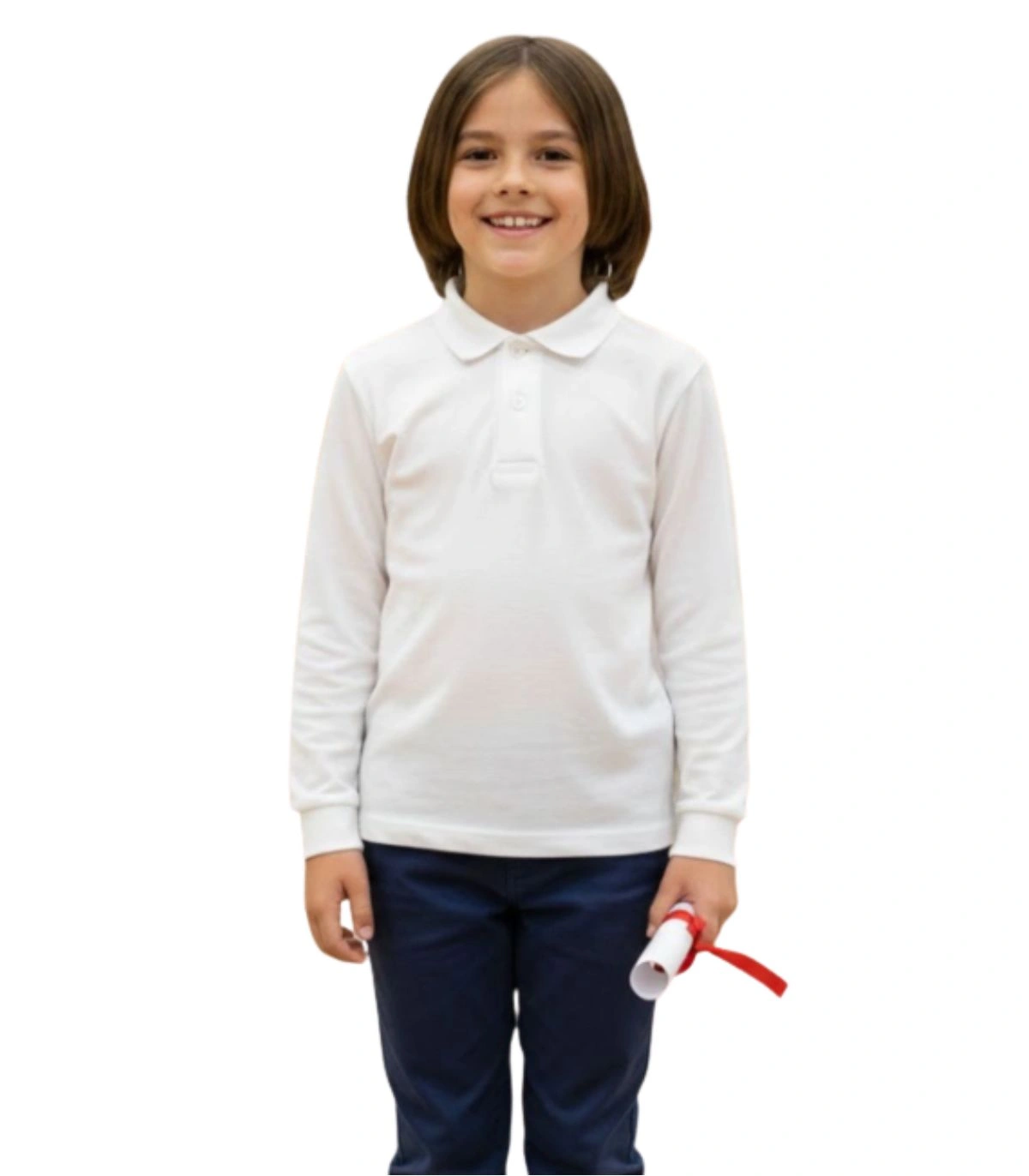 Polo Infantil de Piqué Manga Larga Blanco  Básico Escolar y Ceremonia 100% Algodón - Tallas 2 a 16