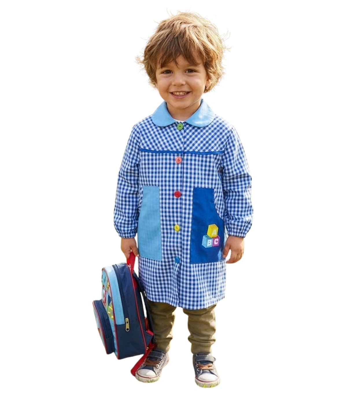 Babi Escolar Infantil ABC Azulón | Bata de Colegio en Cuadros Vichy con Bordado Educativo Ref. 983201