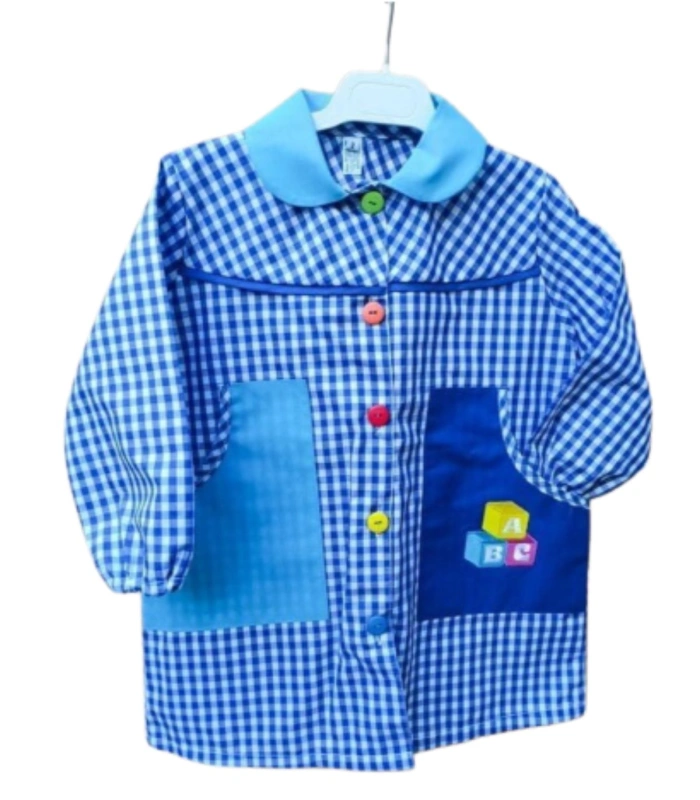 Babi Escolar Infantil ABC Azulón | Bata de Colegio en Cuadros Vichy con Bordado Educativo Ref. 983201