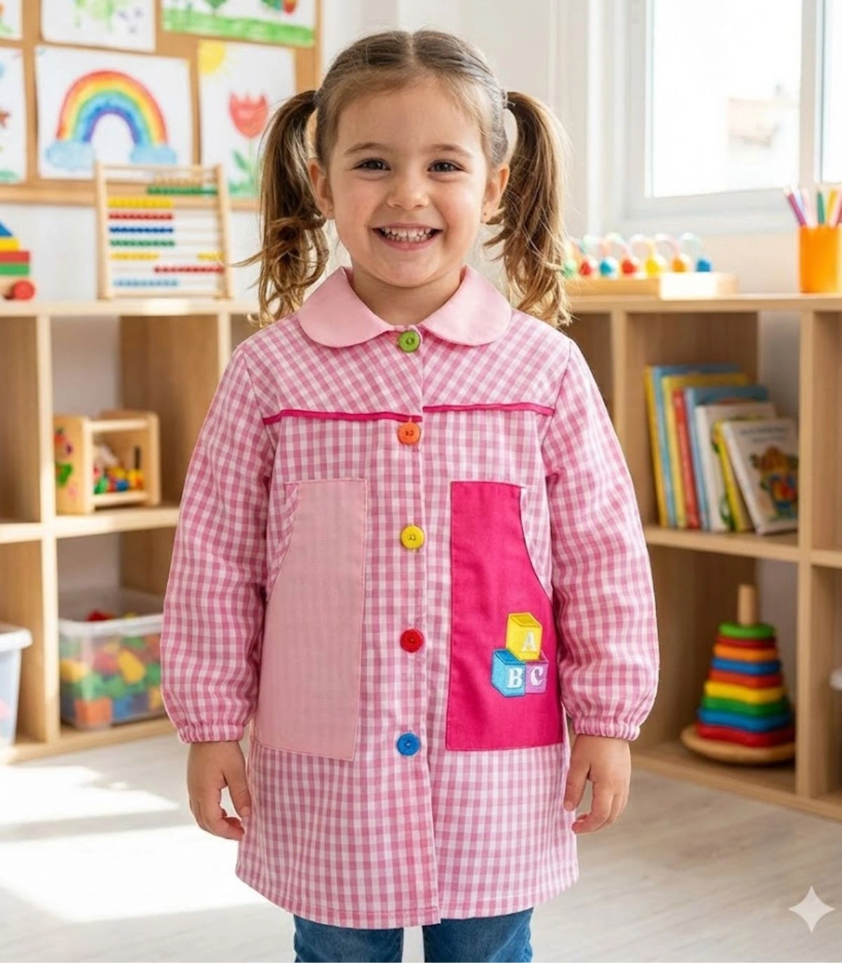 Babi Escolar Infantil ABC Rosa| Bata de Colegio en Cuadros Vichy con Bordado Educativo Ref. 983201