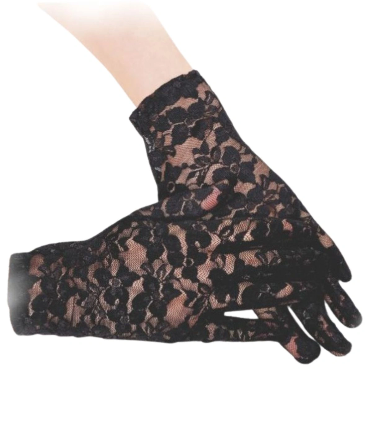 Guantes de Blonda Negros con Diseño Floral Encaje Elástico de Alta Adaptabilidad para Ceremonia y Gala - 21,5 cm