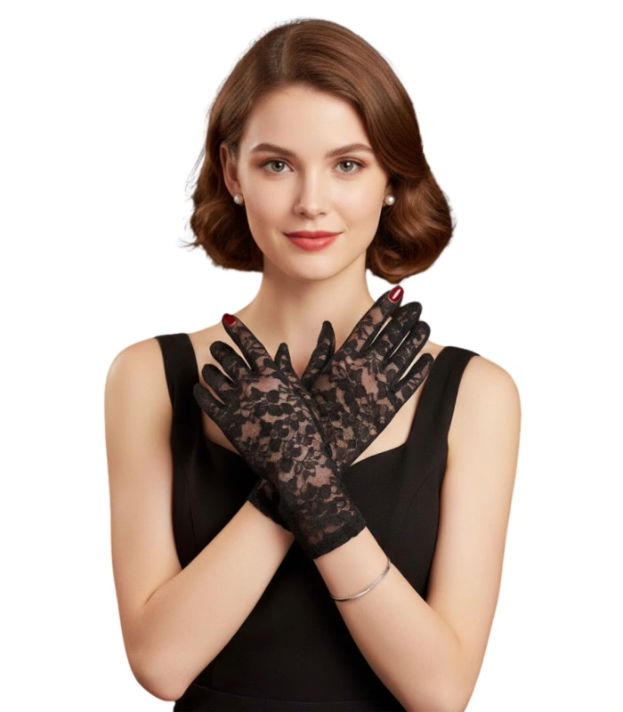 Guantes de Blonda Negros con Diseño Floral Encaje Elástico de Alta Adaptabilidad para Ceremonia y Gala - 21,5 cm