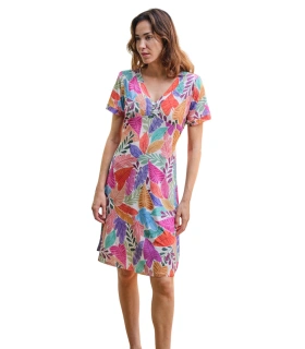 Vestido de Verano para Mujer Muslher  Estampado Tropical "Hojas", Cuello de Pico y Manga Corta
