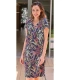 Vestido de Verano para Mujer Muslher Tejido Punto Seda con Estampado de Hojas y Flores, Fondo Azul Marino