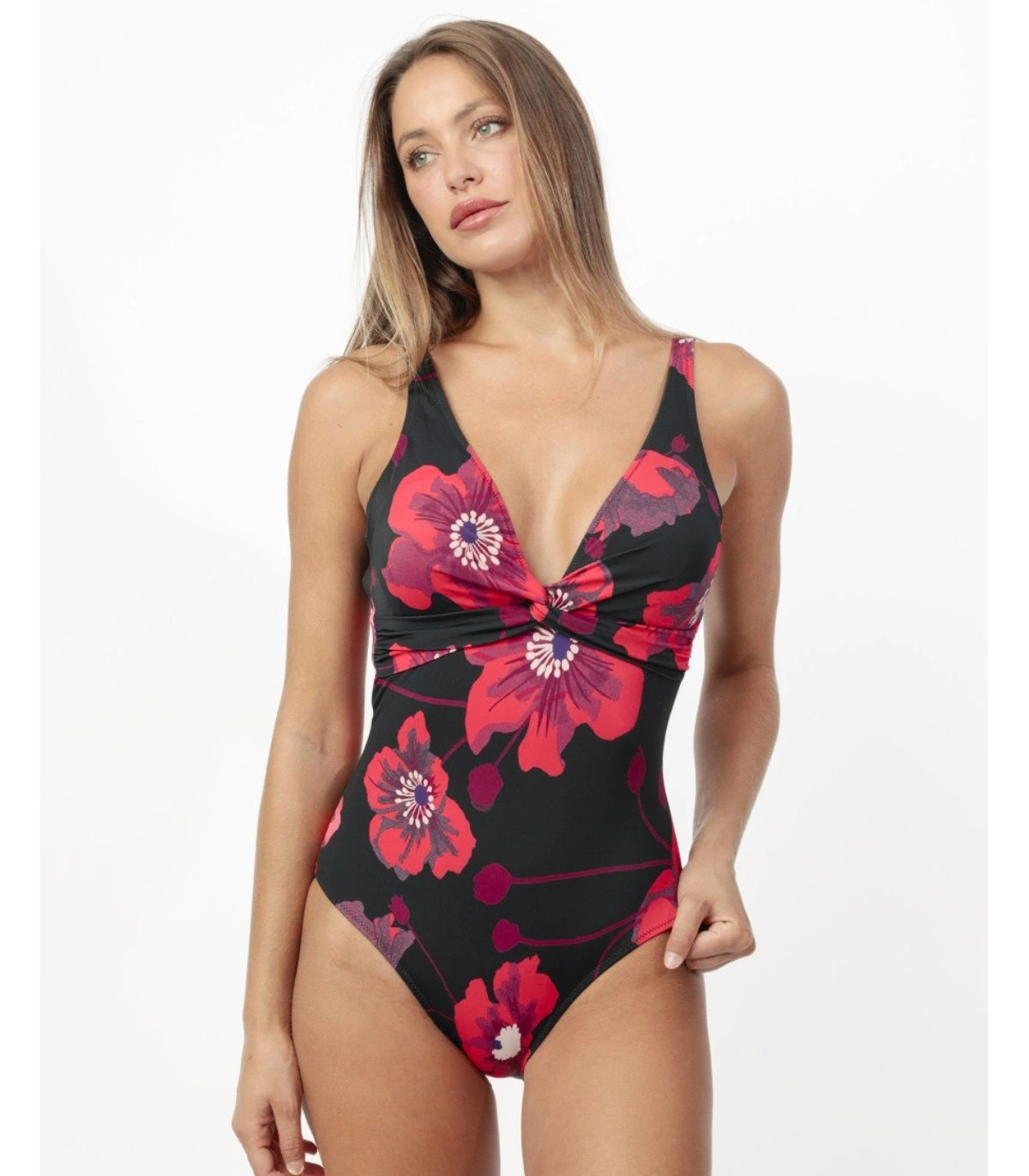 Bañador de Gran Capacidad ADMAS Hibiscus Estampado Floral sobre Fondo Negro, Copas Realzadoras y Tirantes Ajustables