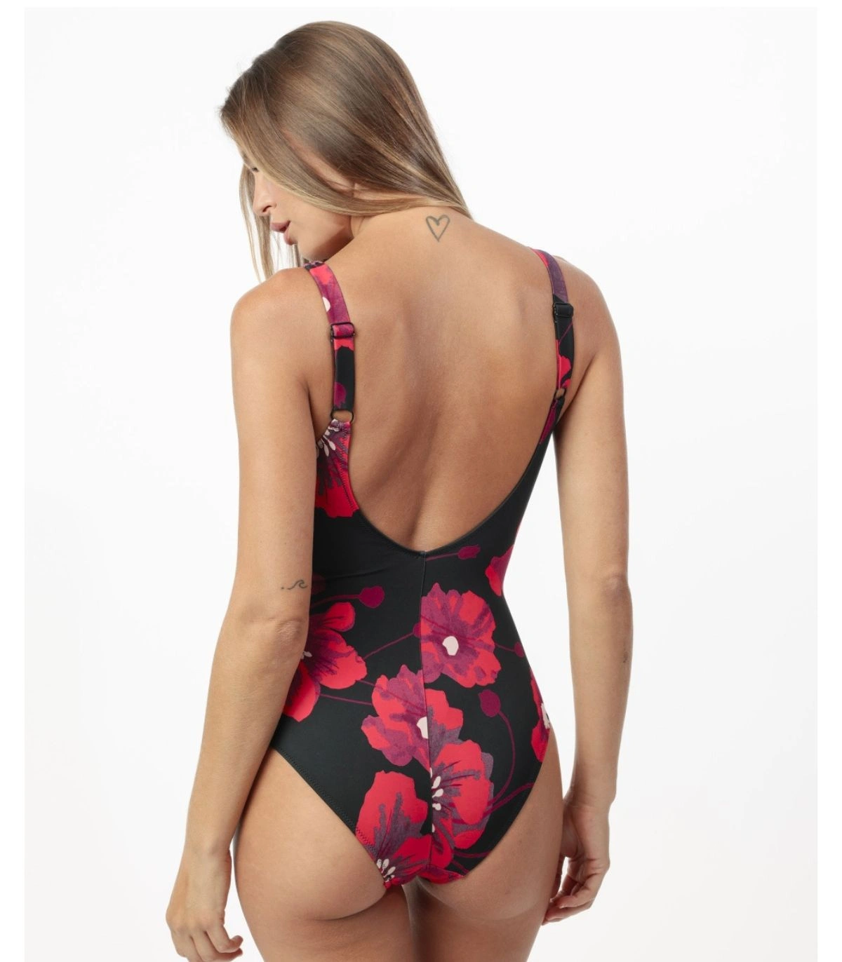 Bañador de Gran Capacidad ADMAS Hibiscus Estampado Floral sobre Fondo Negro, Copas Realzadoras y Tirantes Ajustables